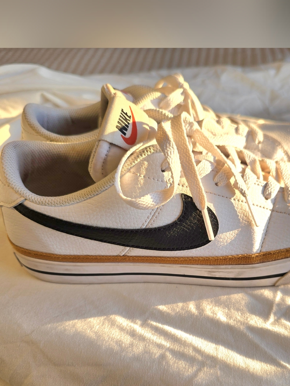 Nike Men’s Court Legacy White Sneakers with Black Swoosh and Tan Accent - Picture 3 of 7